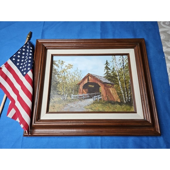 Other - COVERED BRIDGE Barn Rustic Country Landscape Oil Painting 17x14 Farmhouse Chic